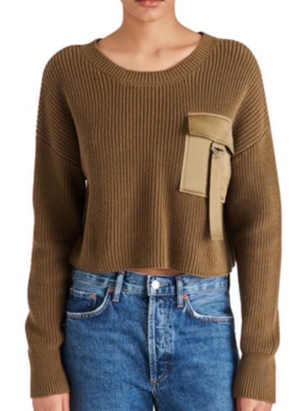 0318. Cropped Ribbed Crewneck Sweater with Utility Pocket